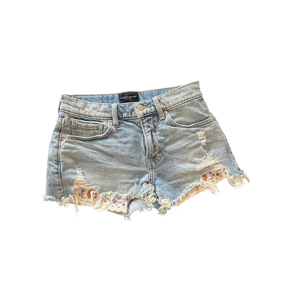 Lucky Brand Distress Denim Cut Off Shorts with Floral Patchwork. Size 0/25.
